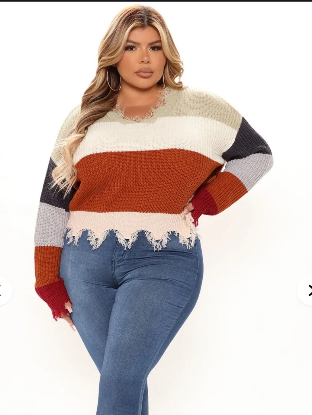 Fashion Nova Striped V-Neck Distressed Sweater